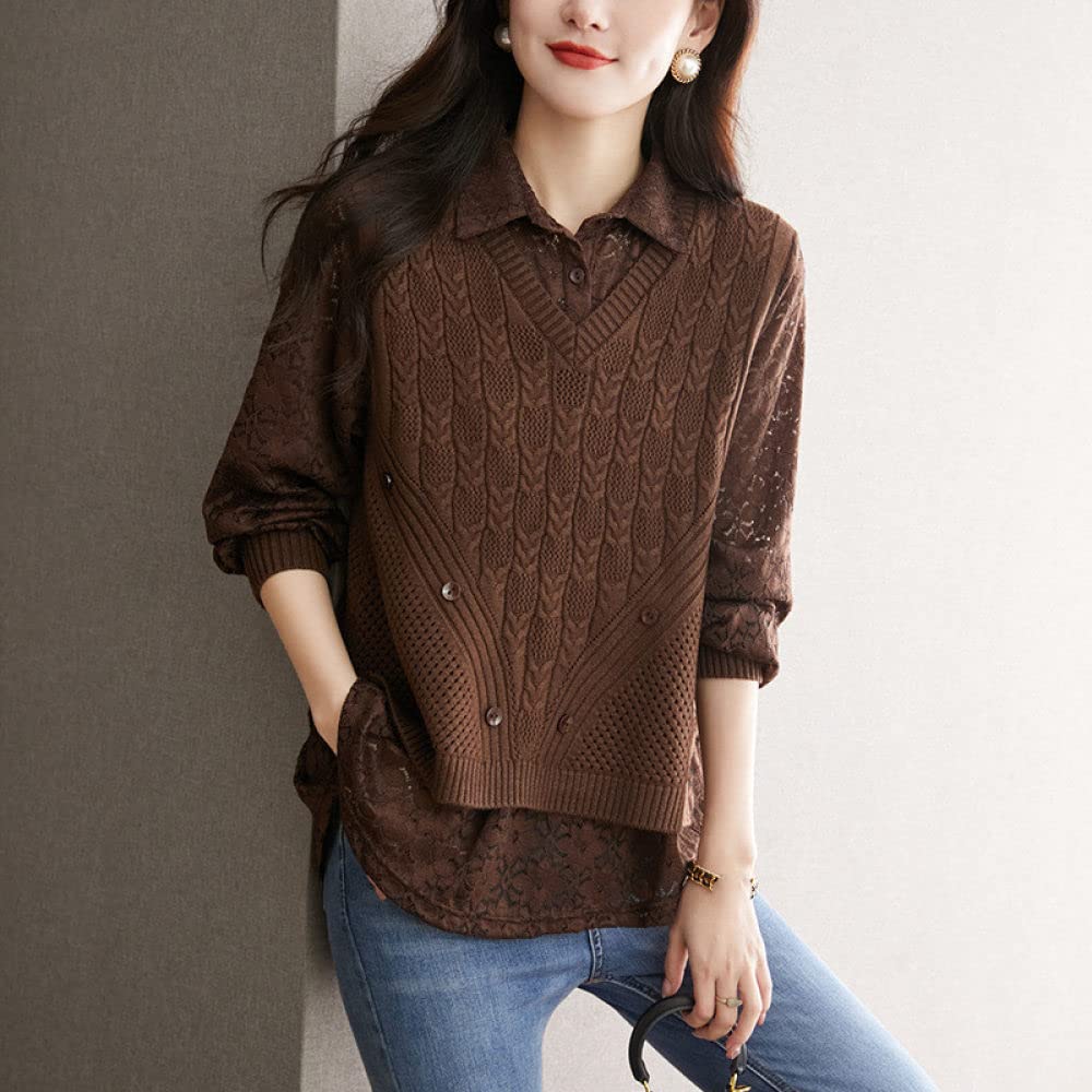 Haut Femme Chic Et Elegant,Faux Chemise Deux Pièces pour Femme Vintage Marron Col en V Rayé en Tricot Couture Revers Voir À Travers La Chemise en Dentelle À Manches Longues Décontracté Éléga