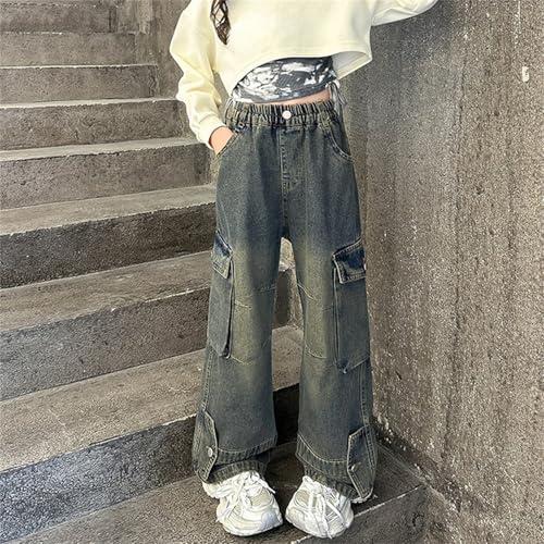 Girls Jeans Denim Casual Elastic High Waist Cargo Pants Straight Baggy Wide Leg Jeans Multi Pockets Streetwear Clothes2