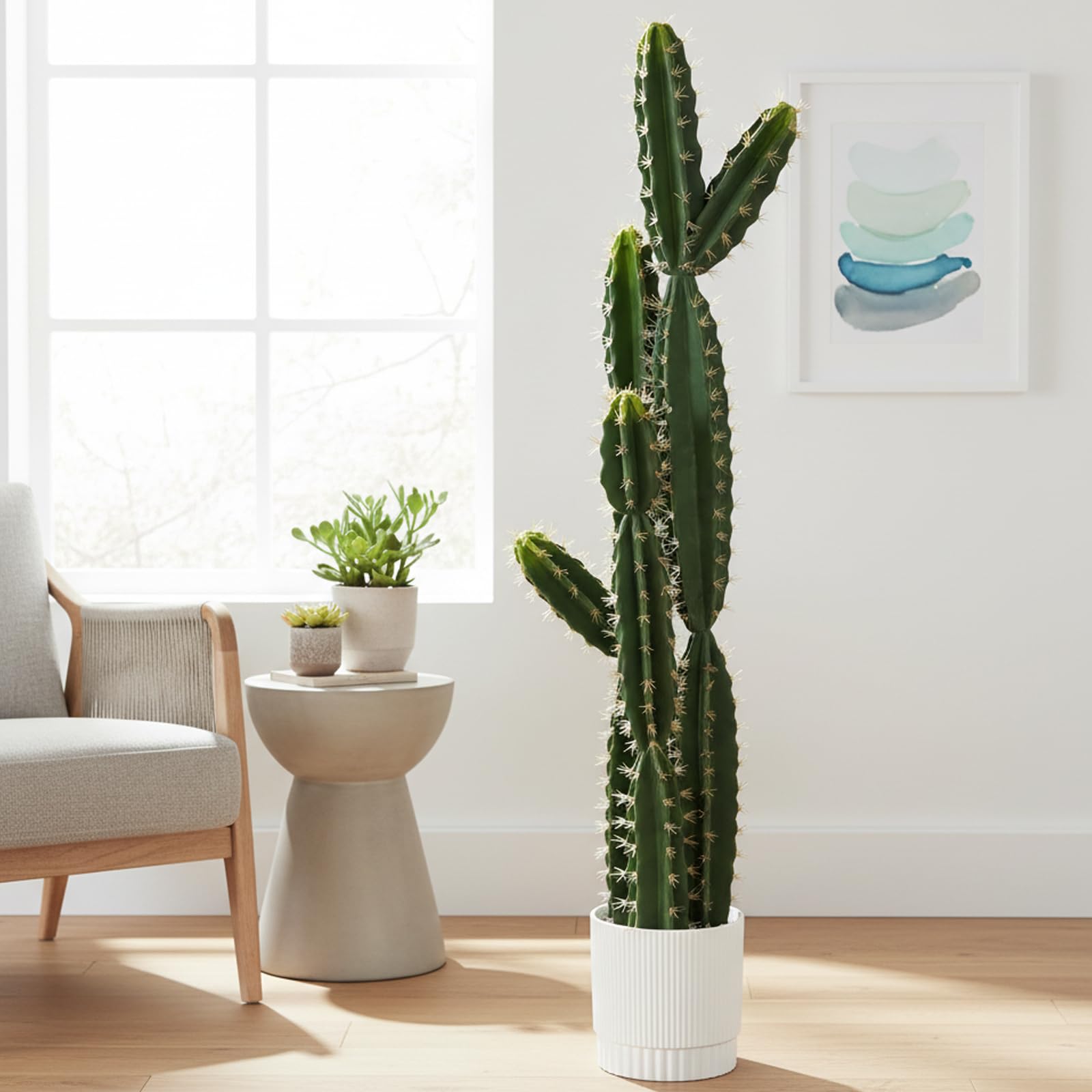tonchean 51 Inch Large Artificial Cactus Plant, UV Resistant Realistic Faux Cactus with White Pot, Fake Cacti for Indoor Outdoor Decor, Low