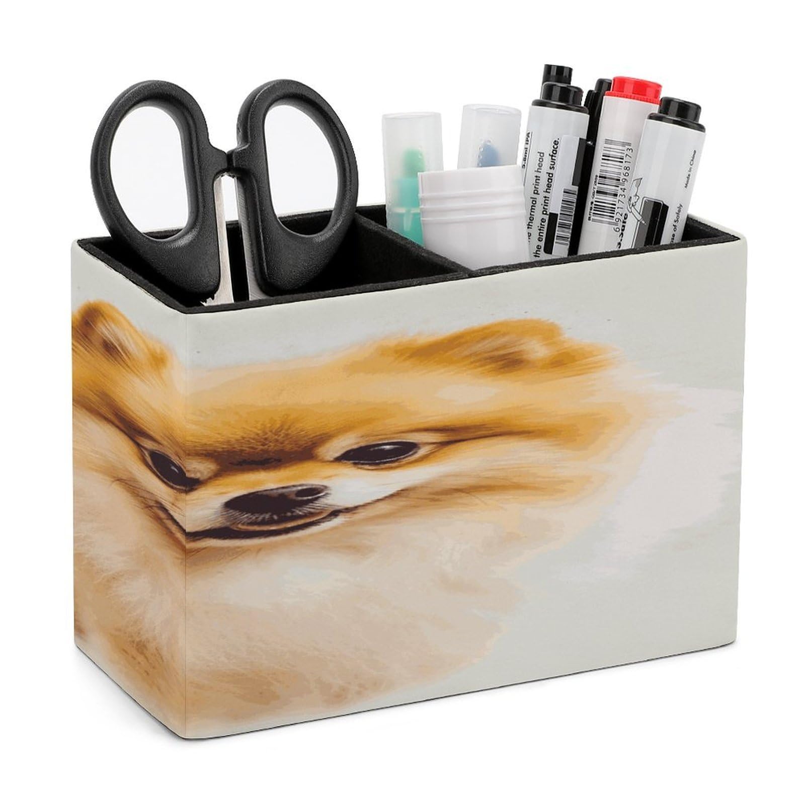 LDGSUPH Yellow Pomeranian Leather Pen Holder for Desk Organizer Caddy Large Pencil Cup Multi-function Pencil Holder Makeup Brush Holders Pen Organizer for Home Office Storage Box
