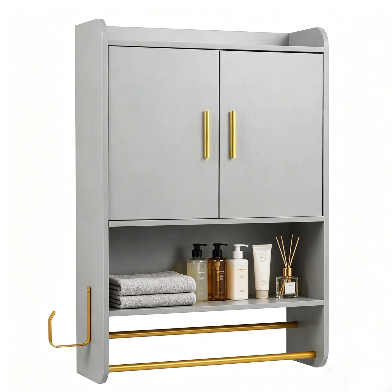 RELAX4LIFE Bathroom Wall Cabinet, Farmhouse Medicine Cabinet Organizer with 2 Doors and Adjustable Shelves, Wooden Cupboard and Bathroom Organizer Unit for Living Room Kitchen Laundry (Grey)