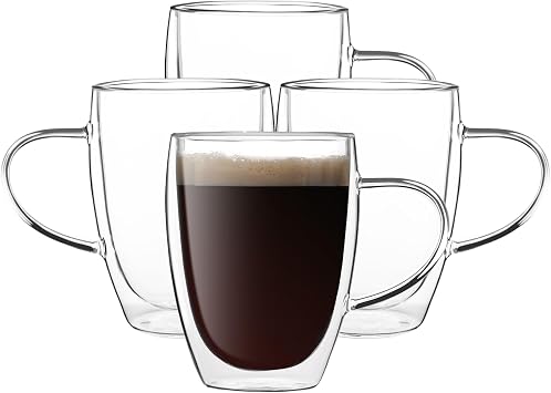 12oz Double Wall Insulated Glass Coffee Mugs 4-Pack - Clear Espresso Cups with Handle for Cappuccino, Latte, Tea & Ice Cream