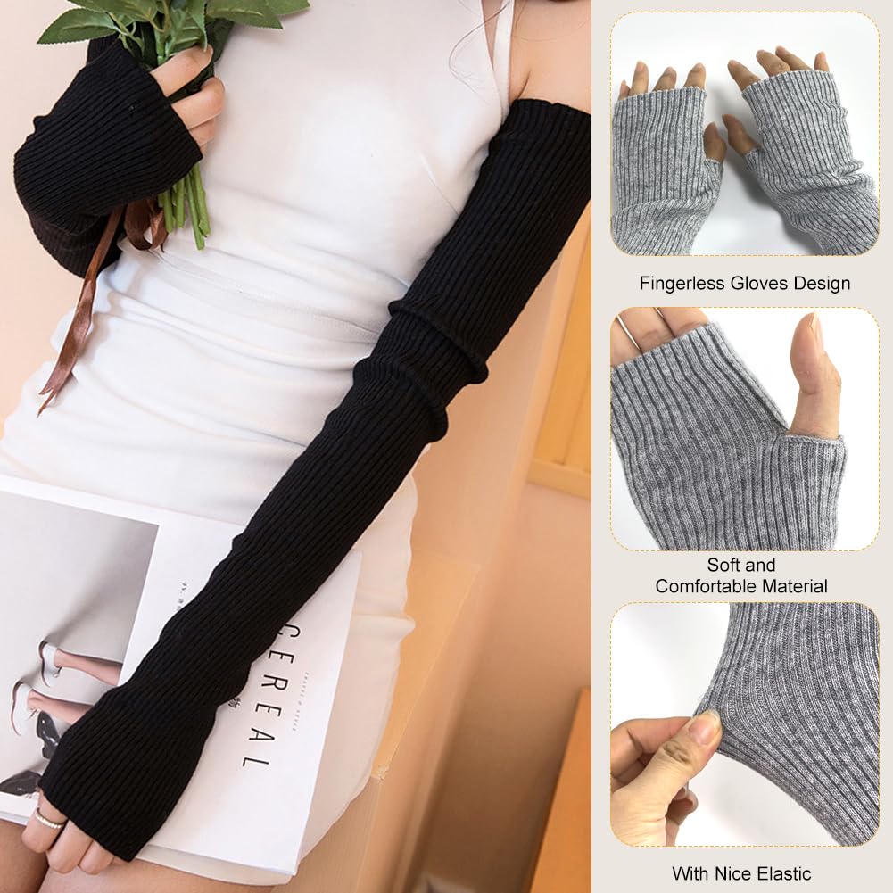 EQLEF Arm Warmers damskie, ciepłe rękawiczki na palce i dłonie długie rękawiczki czarne bez palców damskie rękawiczki do zimowania, Szary, 60*6.5cm