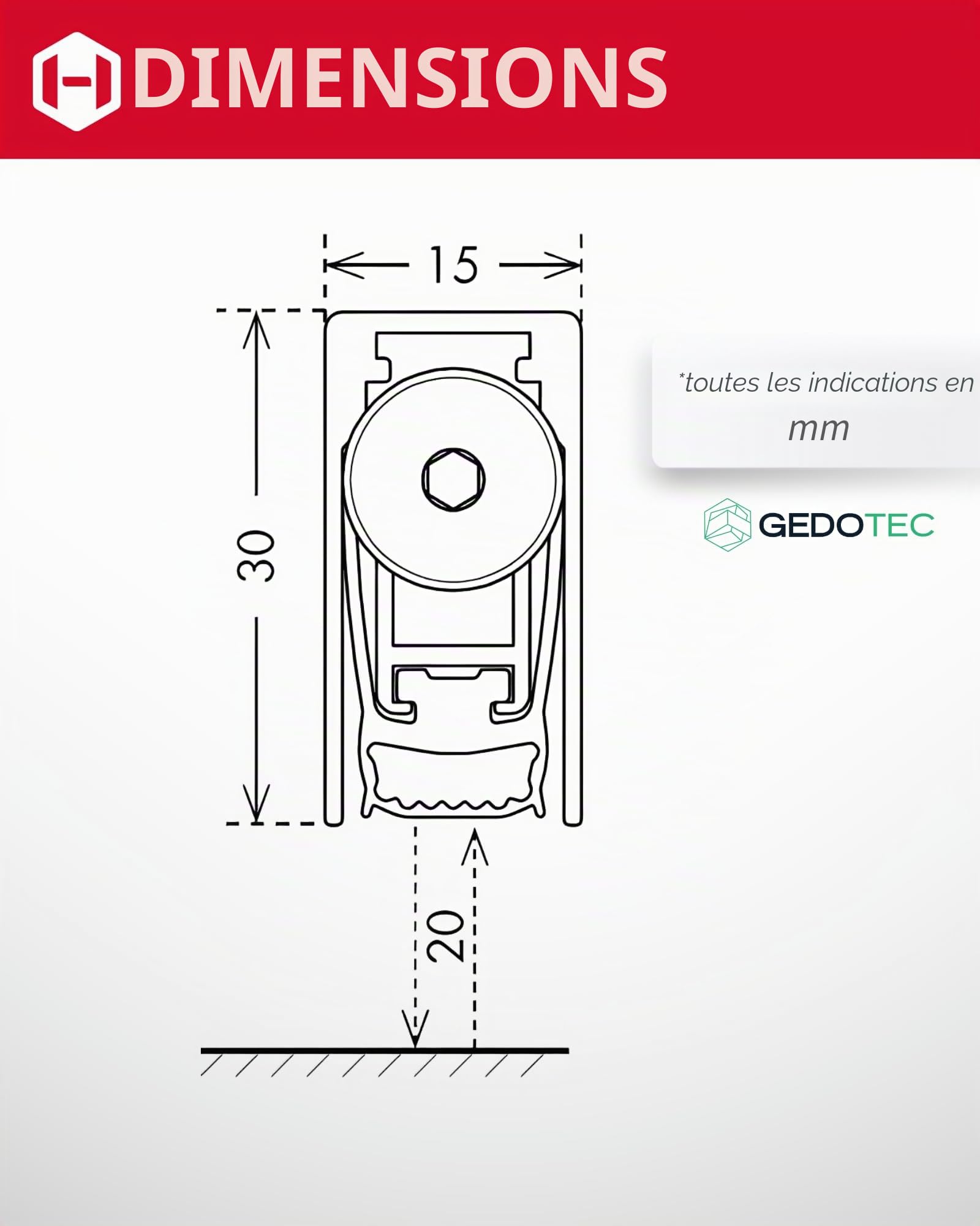 Gedotec joint de sol abaissable | 1 joint de porte 15 x 30 mm | DROP MAXI | longueur 1030 mm - raccourcissable | joint abaissable pour portes