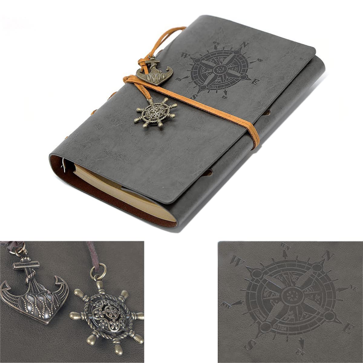 NectaRoy Retro Vintage Denizcilik Defteri Klasik PU Deri Kapak Not Defteri Seyahat Günlüğü Seyahat Dergisi Doldurulabilir Eskiz Defteri Spiral Halka Binder Günlüğü Boş Sayfalar, Astarsız Kağıt, Retro Kolye, Klasik Kabartmalı (130x185 mm, Gri)