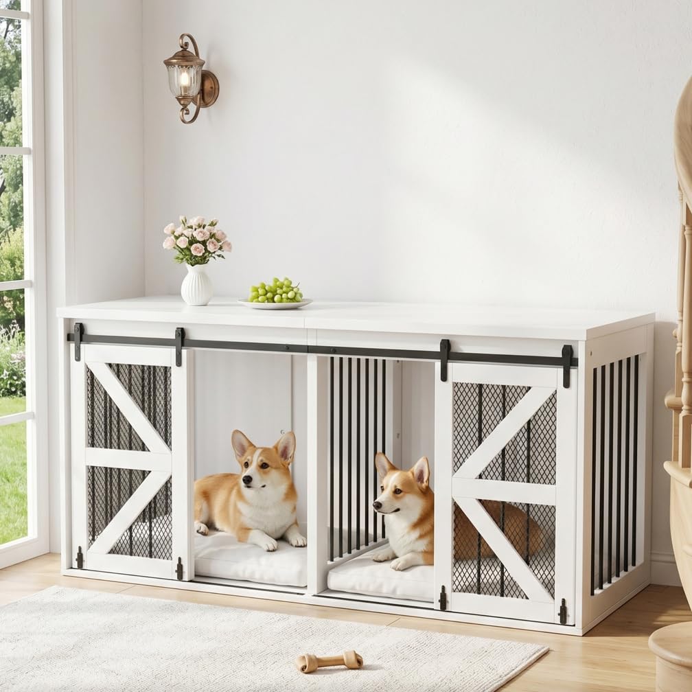 Hundeschrank mit Scheunentor-Tür, 160 x 60 x 75 cm Hundebox Möbel | Indoor-Hundehaus aus Metall und Faserplatte für Zwei Hunde, mit fester mittlerer Trennwand, mit Schiebetüren, Weiß