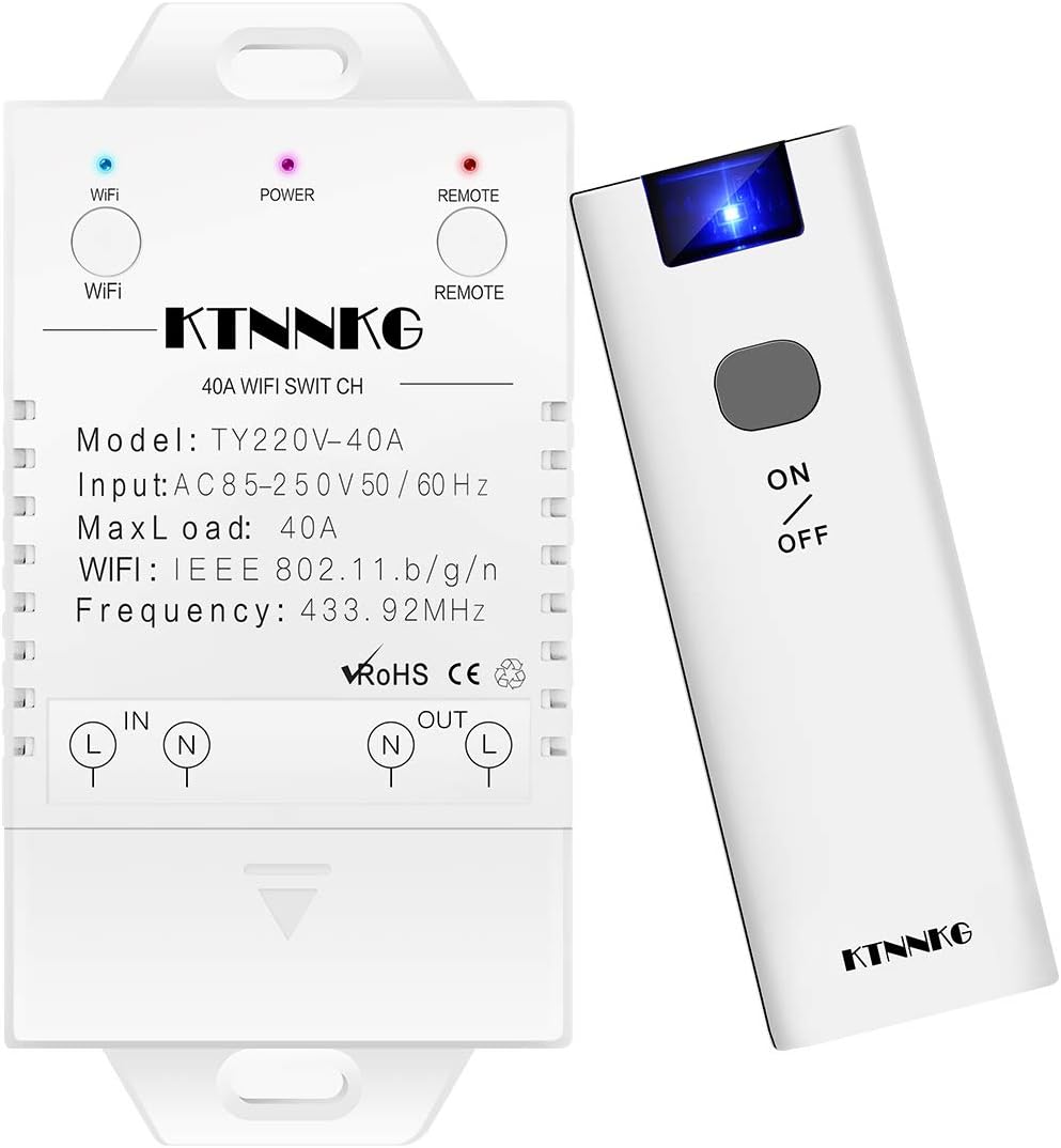 KTNNKG 40amps WiFi Switch for Garden Light, Pool Pump and Dust Collector,Support Remote Control,Compatible with Tuya APP,Neutral Wire Required,110V 220V ac