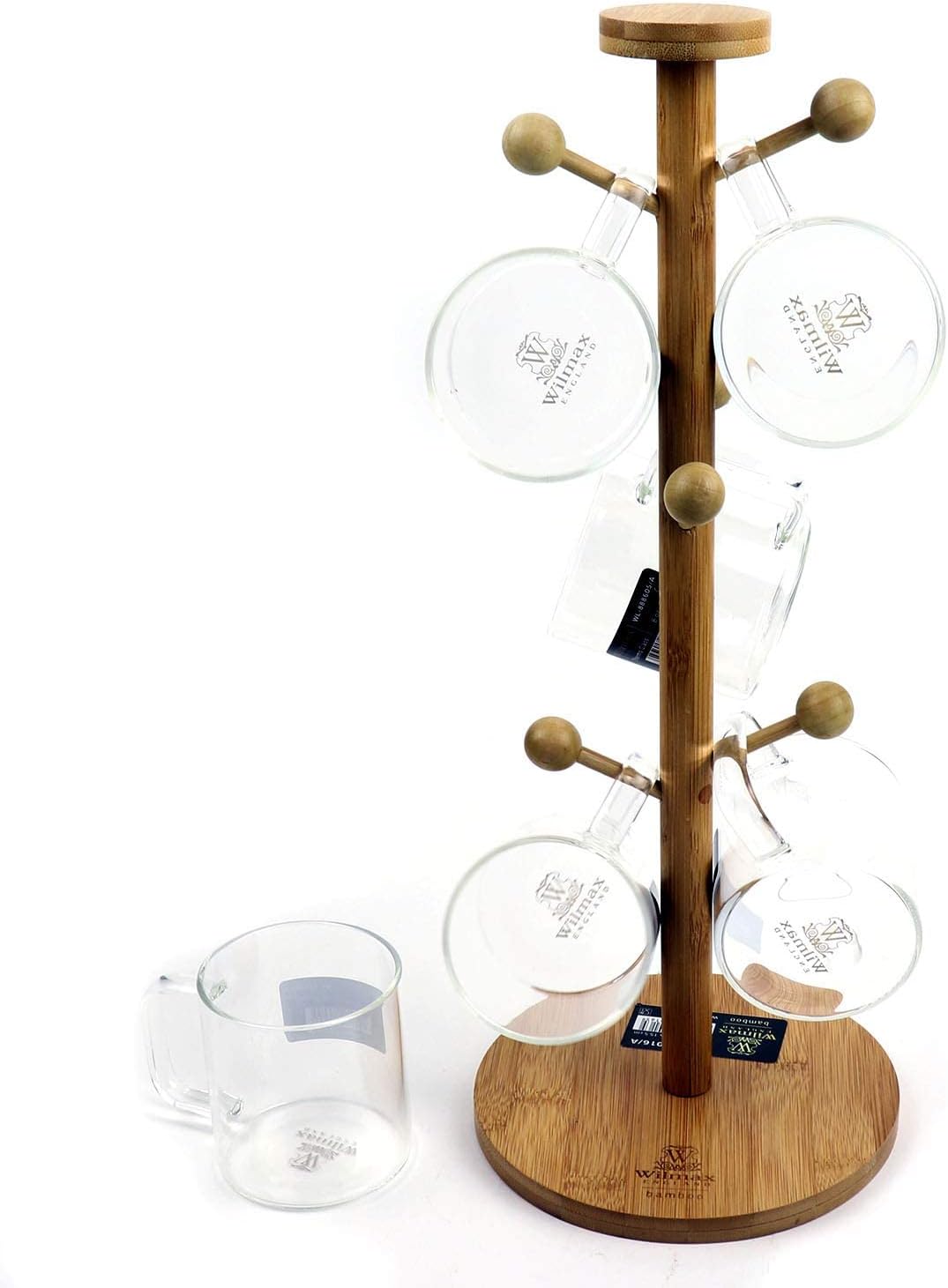 Wilmax Bamboo Stand WL-771016/A with 6 WL-888604/A Thermo Glass Cups 7 Ounce