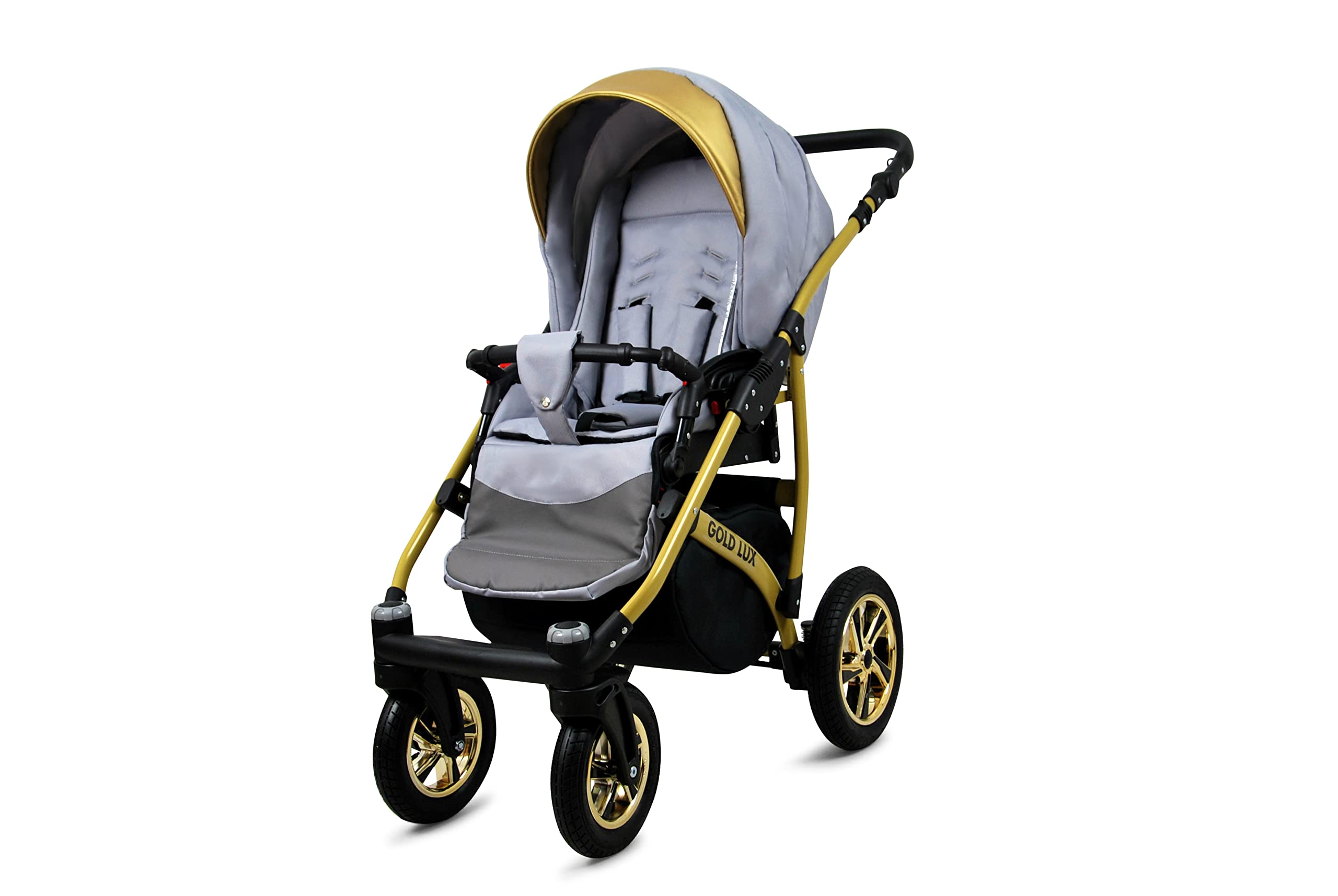 BabyLux Gold Lux Wózek Dziecięcy 2w1 Głęboki i Spacerowy z Akcesoriami Regulowana i Składana Lekka Aluminiowa Konstrukcja 2 Opcje Montażu Wodoodporny Nieprzebijalne Koła Silver Gold Frame