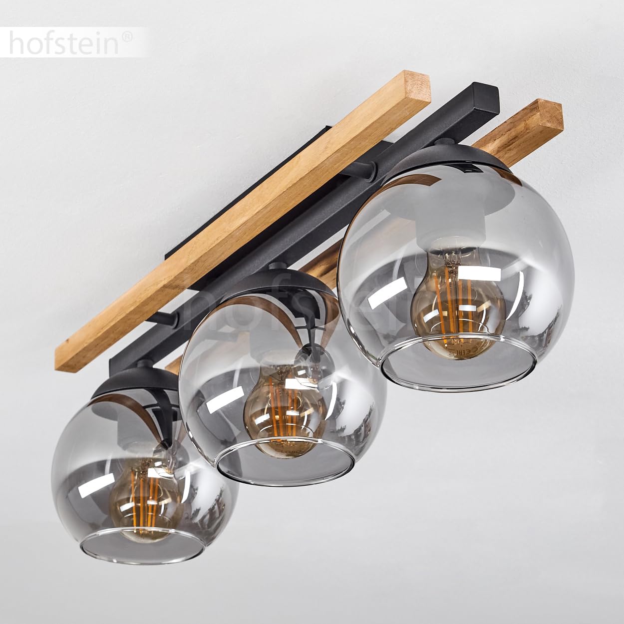HOFSTEIN Deckenleuchte Podre, Deckenlampe aus Holz/Metall/Glas in Natur/Schwarz/Rauch, Leuchte im Retro/Vintage-Design mit Holzbalken, 3 x E27, Schlafzimmer, Wohnzimmer, Küche, Esszimmer