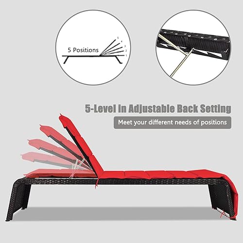 Miniatura 3 de DORTALA Chaise lounge para exteriores, silla reclinable de ratán ajustable de 5 posiciones con asiento acolchado y pies ajustables, muebles de sofá