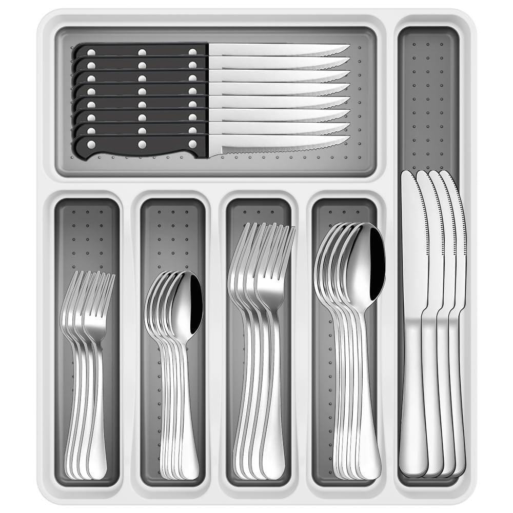 49-Piece Silverware Set with Organizer, Heavy Duty Stainless Steel Flatware for 8, Cutlery Utensil Sets with Steak Knives, Rust-proof, Mirror Polished, Dishwasher Safe (Silver)