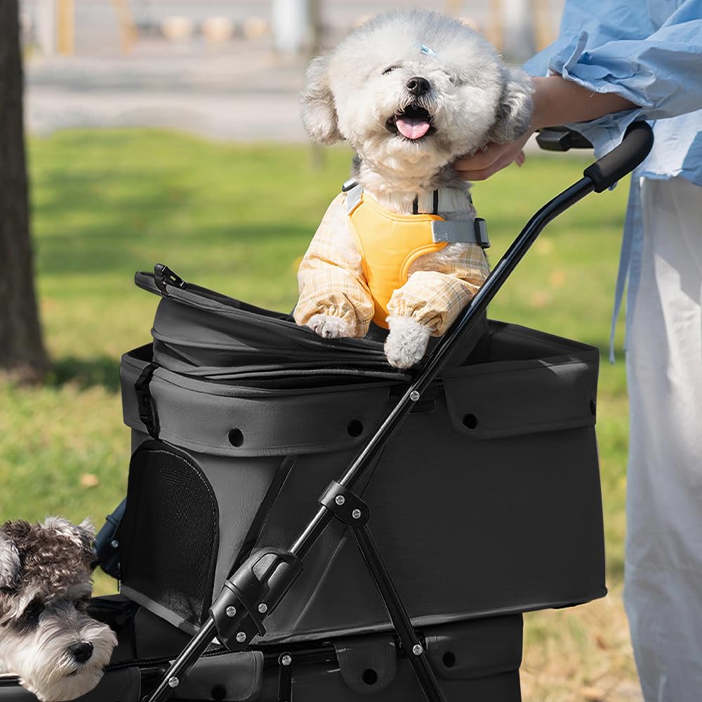 Double Couche Poussette pour Chien Chat Animaux, Animaux Voyage Poussette, Pliable Chien Chat À Quatre Roues Chariot/Landau Jogger/Poussette Buggy-67 * 50 * 95cm- Noir