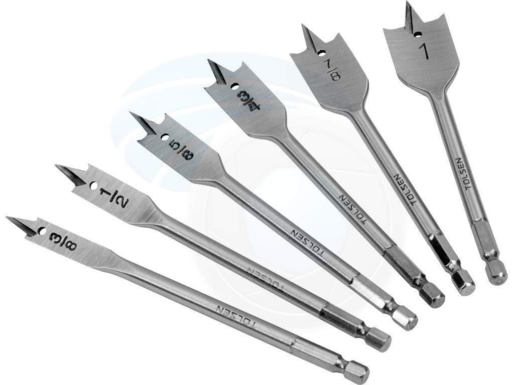 TOLSEN 6pcs Carbon Steel Wood Drill Bits Woodworking Tool Flat Hole Drills