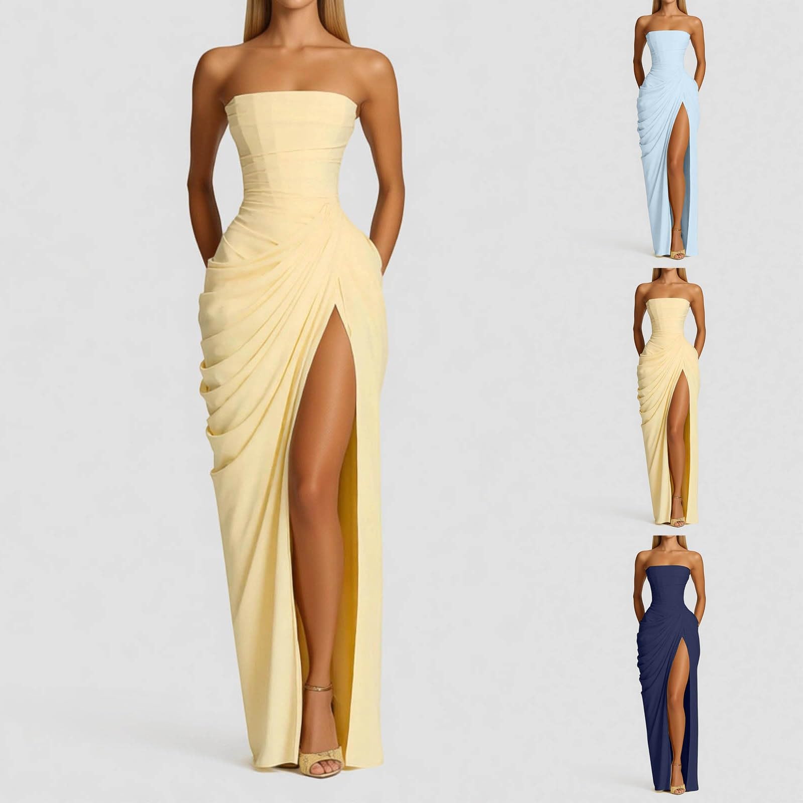 Generico Vestito Lungo Donna a Spalline con Spacco Vestito Donna Estivo Vestiti Senza Spalline Maxi Abito Elegante Cerimonia Abiti Lunghi Tubino con Spacco per Cerimonie e Matrimoni