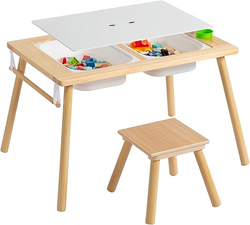 Miniatura 6 de Juego de mesa y sillas de madera, mesa de actividades con taburete, 2 contenedores de almacenamiento y soporte para rollos de papel, mesa de comedor