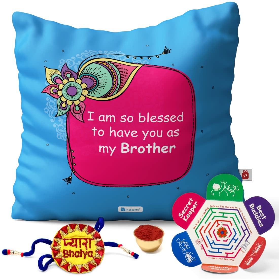 Indigifts IA Raksha bandhan Rakhi Gift Hamper Pyara Bhaiya Embroidery Rakhi for Brother & Happy Raksha bandhan Greeting Card Bro as Blessing Designer Blue Cushion Cover, Pyara Bhaiya Embroidery Rakhi, Roli, Greeting Card 18x18 - Gifts For Big Brother Bhai on his Birthday Rakhi bhaidooj
