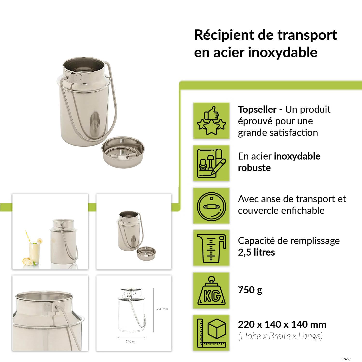 Pot à lait inox 2,5 litre pour lait café sauces salle à manger cuisine avec couvercle enfichable anse de transport pot à café récipient de transport