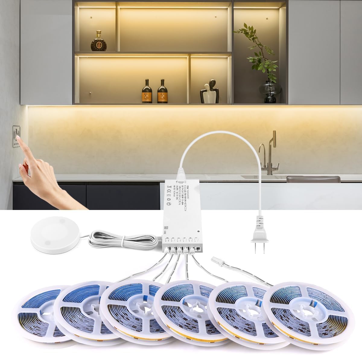AIMENGTE Lámpara LED para debajo de los muebles, 12 V, cortable, interruptor con sensor COB con divisor, fuente de alimentación de 60 W, luz blanca cálida, iluminación de vitrina, adecuada (3m)