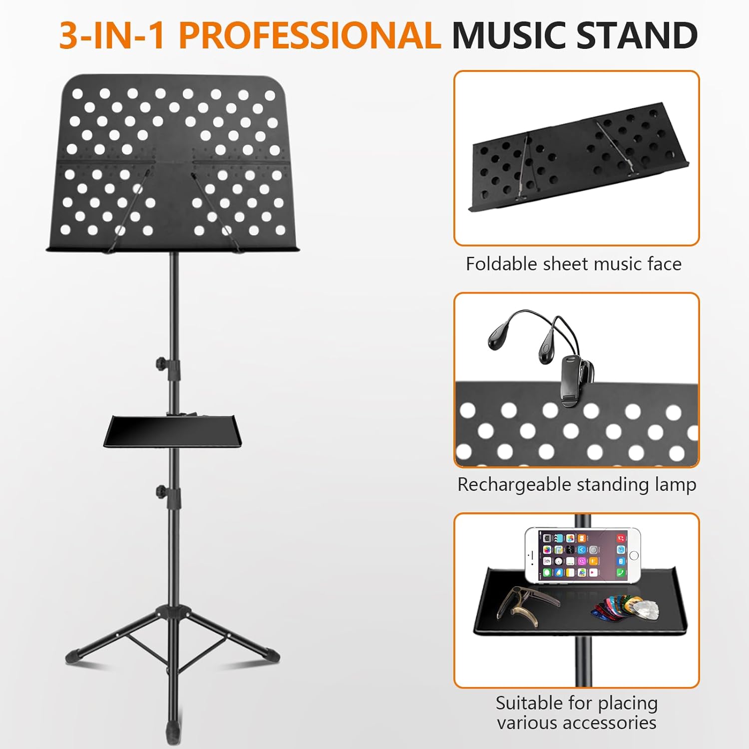 Metal Music Stand with Lights, featuring dual-headed lights, high stability, adjustable height, and comes with a carrying case (27.56-59.06 inches).