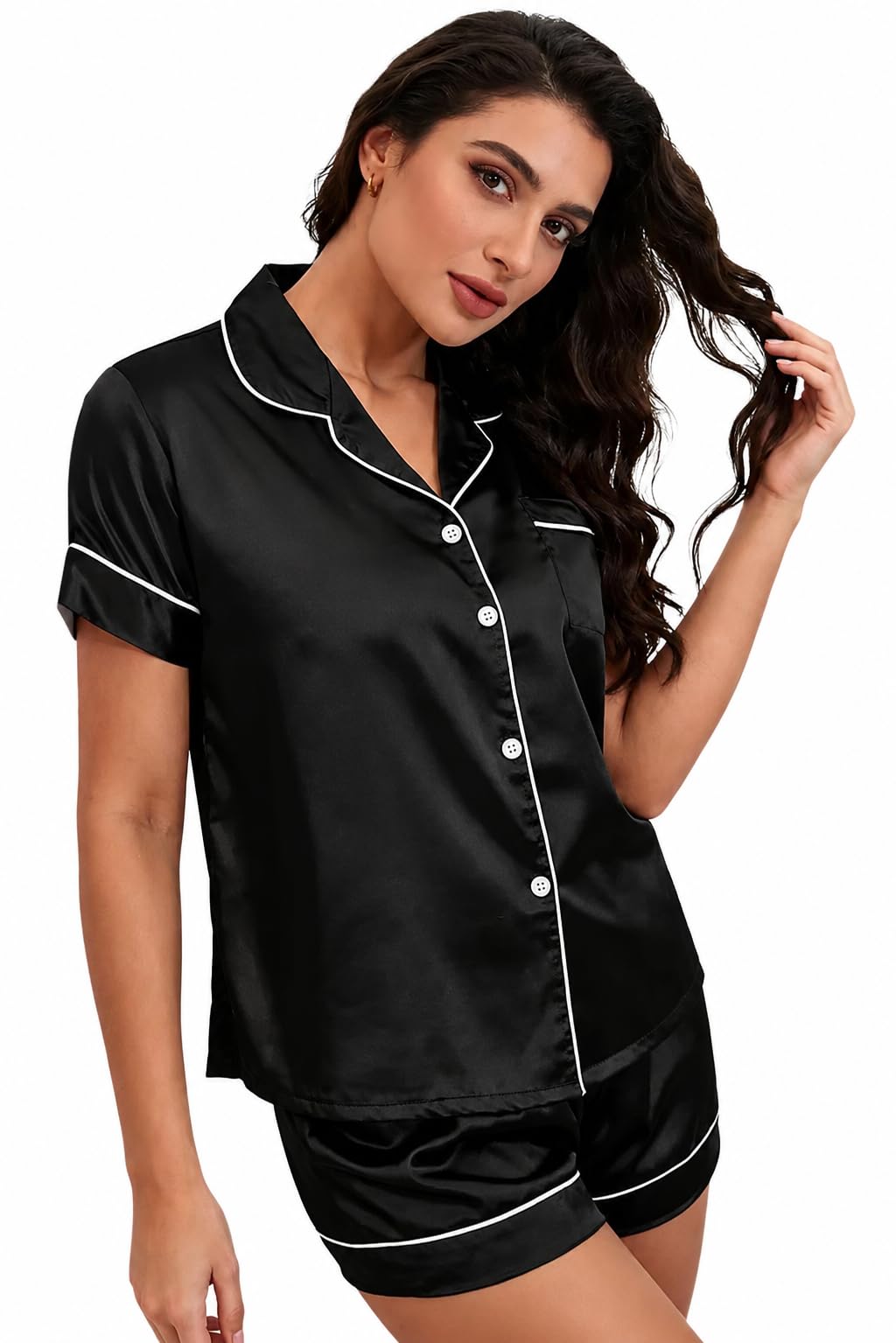 Women's Satin Plain/Solid Relaxed Night Suit Set of Top & Shorts Button-Down Sleepwear Bridal Lounge Set Medium Black-image-2
