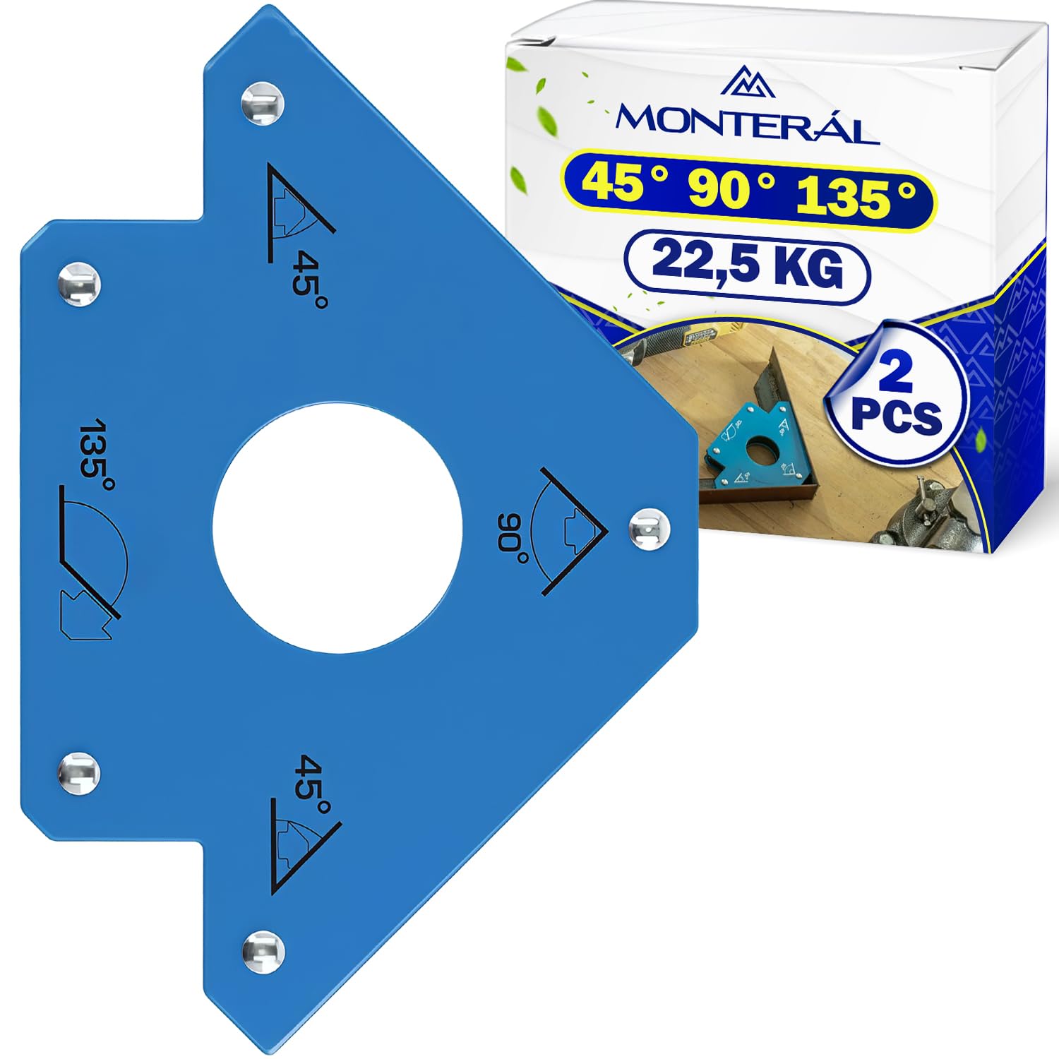 2 Piezas Escuadra Magnetica para Soldar con Fuerza de Tracción de 22,5 kg - Escuadras Magneticas Soldadura Permiten Ajustar con Precisión Ángulos de 45° 90° 135° - Garantía de 10 Años - MONTERAL