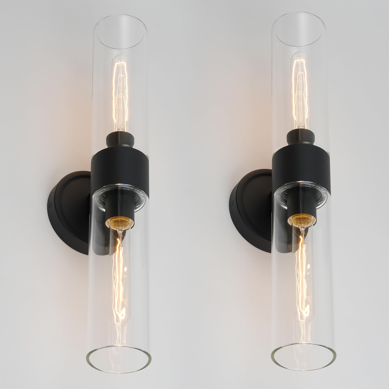 Modern Wall Sconces Set of Two,Black Bathroom Vanity Light with Handblown Clear Glass Indoor Hardwired Wall Sconce Light for Bathroom Bedroom Living Room Hallway Stairway E26