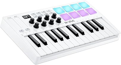 M-WAVE 25 Key USB MIDI Keyboard Controller With 8 Backlit Drum Pads, Bluetooth Semi Weighted Professional dynamic keybed 8 Knobs and Music Production,Software Included (White)