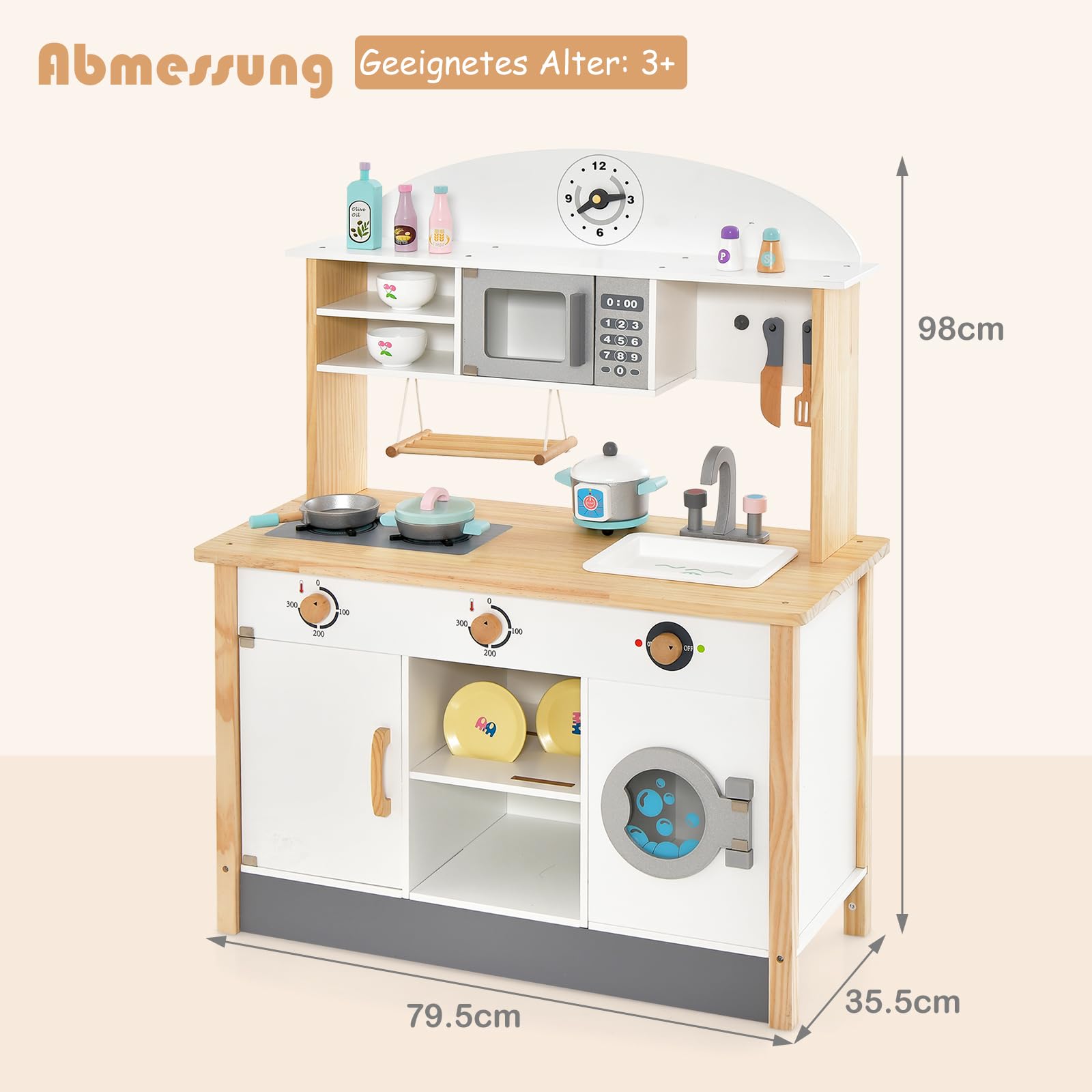 GOPLUS Kinderküche mit Spielzubehör, Spielküche mit Backofen, Mikrowellen, Wasserbecken & Waschmaschine, Stabiler Spielzeugküche mit offener Fächer und Schränke, für Kinder ab 3 Jahren