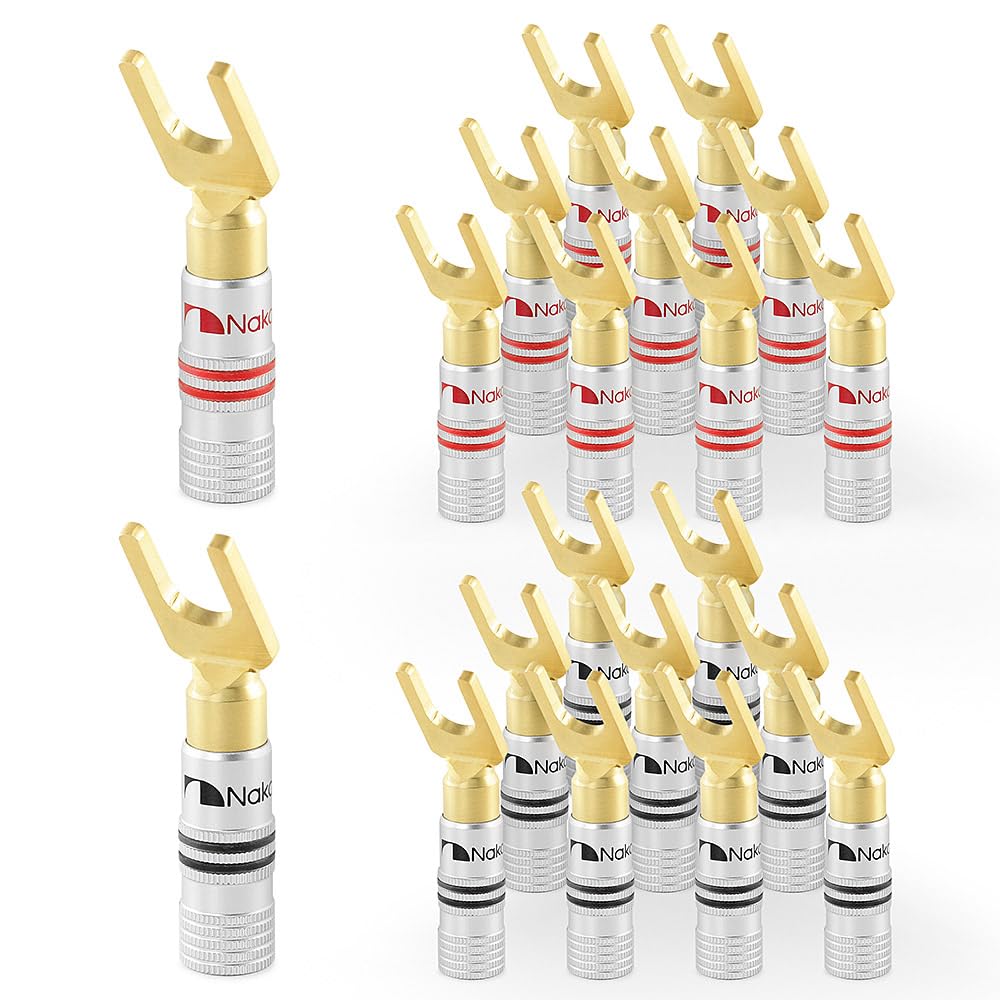 Nakamichi 24K vergoldeter Bananenstecker 12-18 AWG Gauge Größe 4mm für Lautsprecher Verstärker Hi-Fi AV Receiver Stereo Heimkino Audiokabel Stecker (20 Stück (10-Paar), Y-Anschluss Stecker)