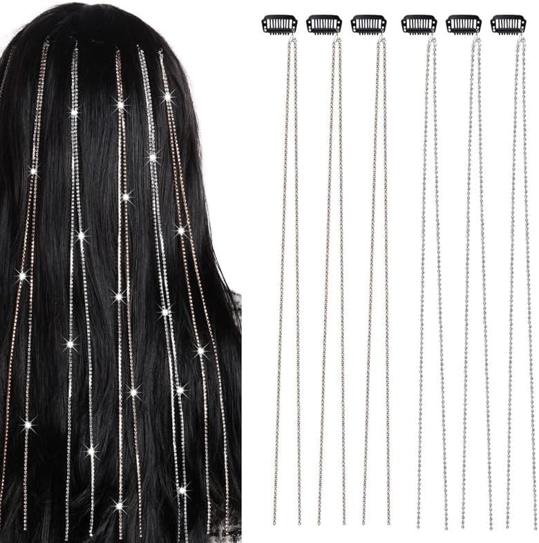 Shidara 6Pcs Premium Hair Jewelry for Braids Rhinestone Hair Chains Clips In Bling Long Tassel Hair Charms Extension Accessories for Women Girls Rave Festival Hairstyle Decoration(Sliver, Gold), free,