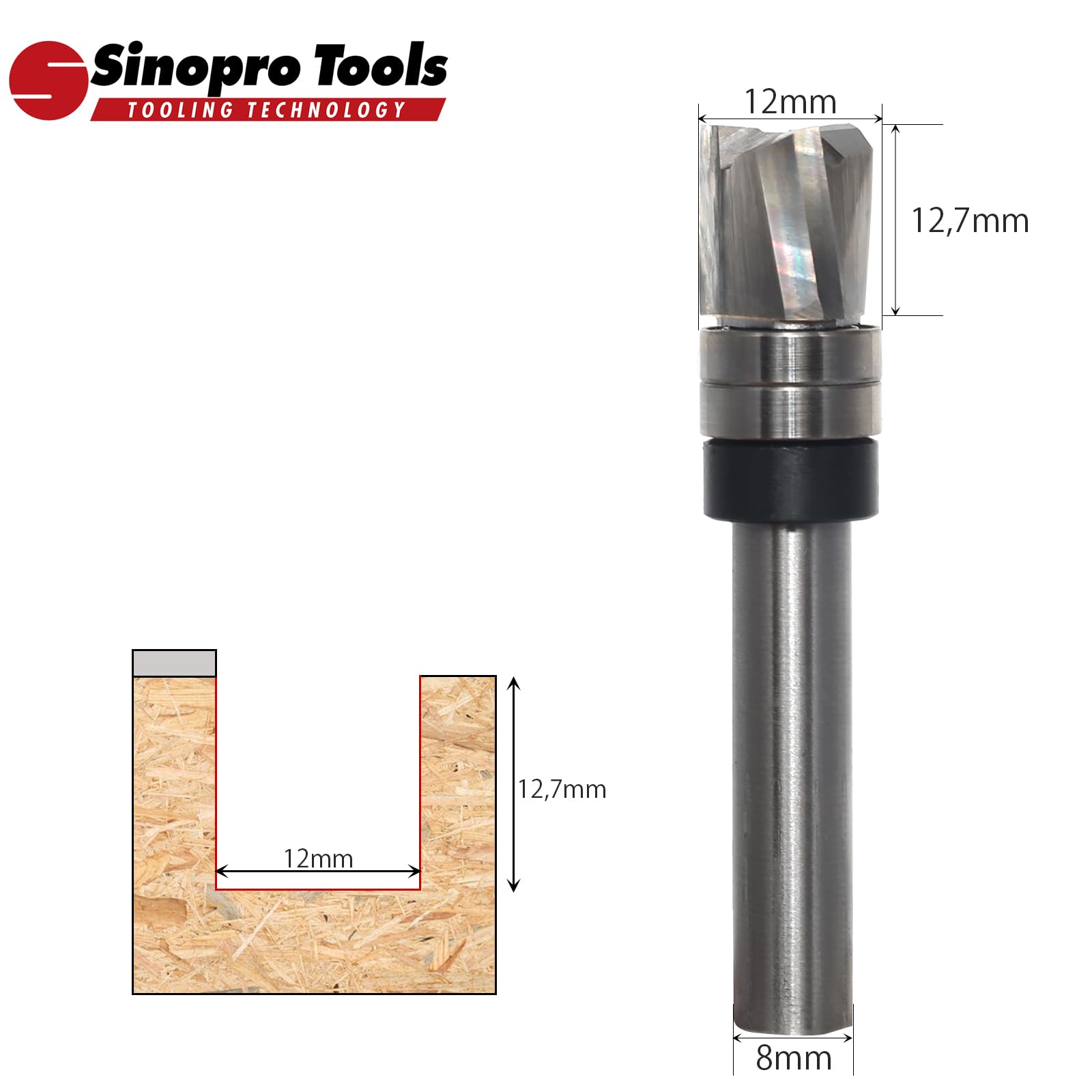 Fresa elicoidale da 8 mm, codolo VHM, 3 flauti Downcut, diametro di taglio 12 mm, lunghezza di taglio 12,7 mm, fresa a filo per bordi del legno, a filo per fresatura o per copiare