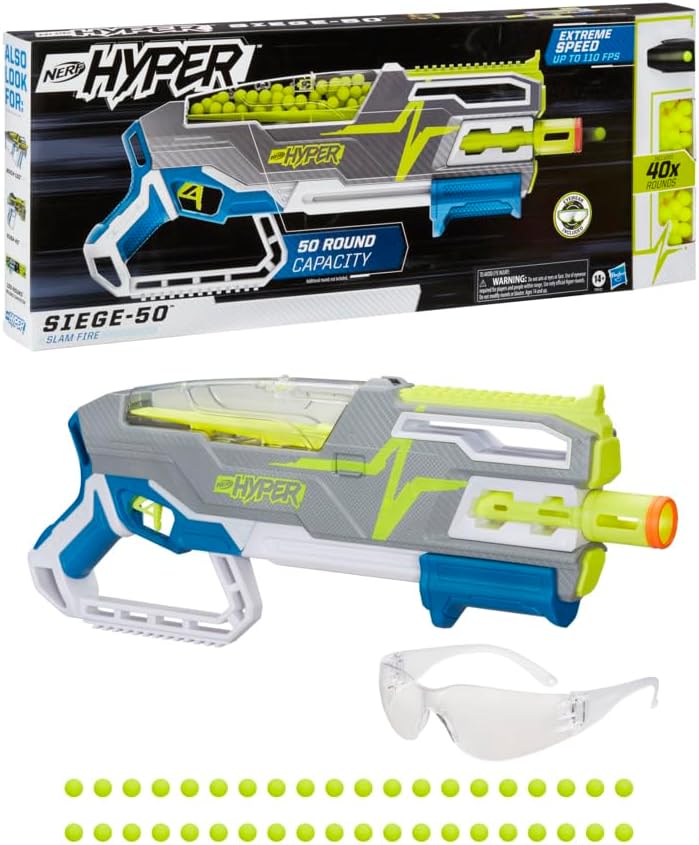 Nerf Hyper Siege-50 Pump-Action Blaster, 40 Hyper Rounds, Holds Up to 50 Rounds, Glasses, Up to 110 FPS Velocity, Easy Reload, Toy Foam Blasters