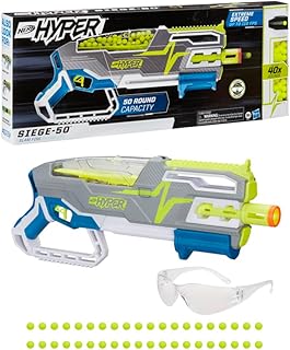 Hyper Siege-50 Pump-Action Blaster, 40 Hyper Rounds, Holds Up to 50 Rounds, Glasses, Up to 110 FPS Velocity, Easy Reload, Toy Foam Blasters