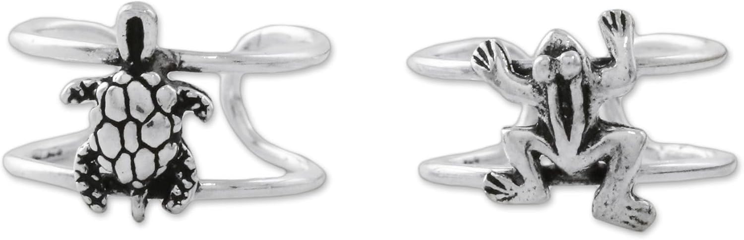 NOVICA Artisan Handmade Sterling Silver Ear Cuffs Frog Turtle from Thailand Animal Themed Turtleturtlefrog [1.4 in L x 0.2 in W] ' Frog and Turtle'