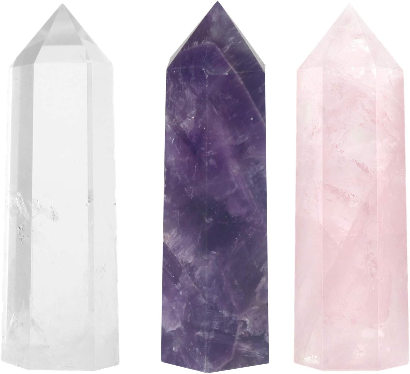 Luckeeper Healing Crystal Wands | 2" Amethyst Crystal, Clear Quartz Crystal Wand & Rose Quartz Crystal Points| 6 Faceted Reiki Chakra Meditation Therapy (3 pcs)