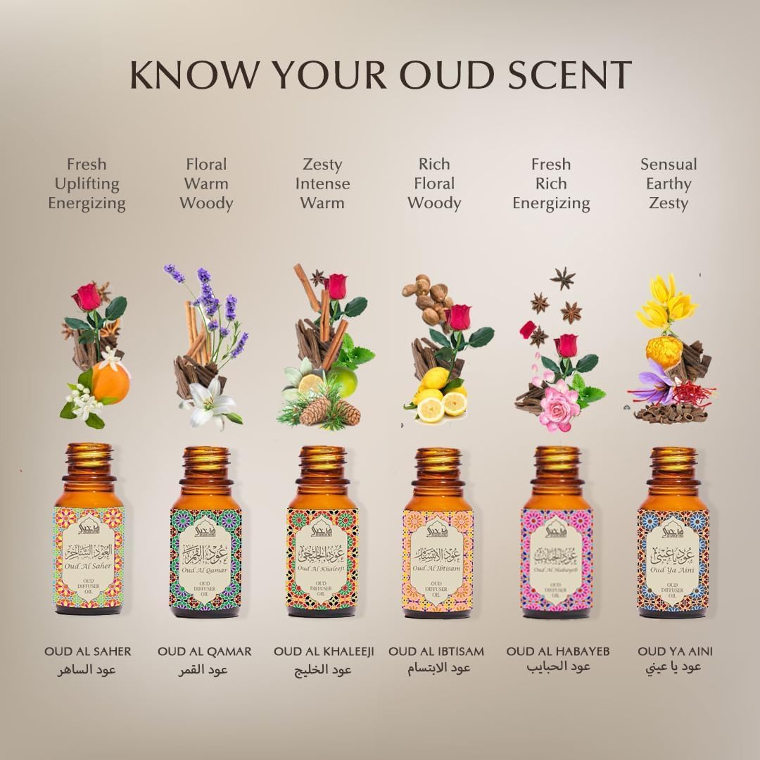 Oud Diffuser Oil, Essential Oil Gift Set by Dukhni | 6 x 10ml Arabic Oil Gift Set for Diffuser & humidifier | 100% Pure Halal Oudh Oils | Relax with Home Aromatherapy, for Relaxation and Massage