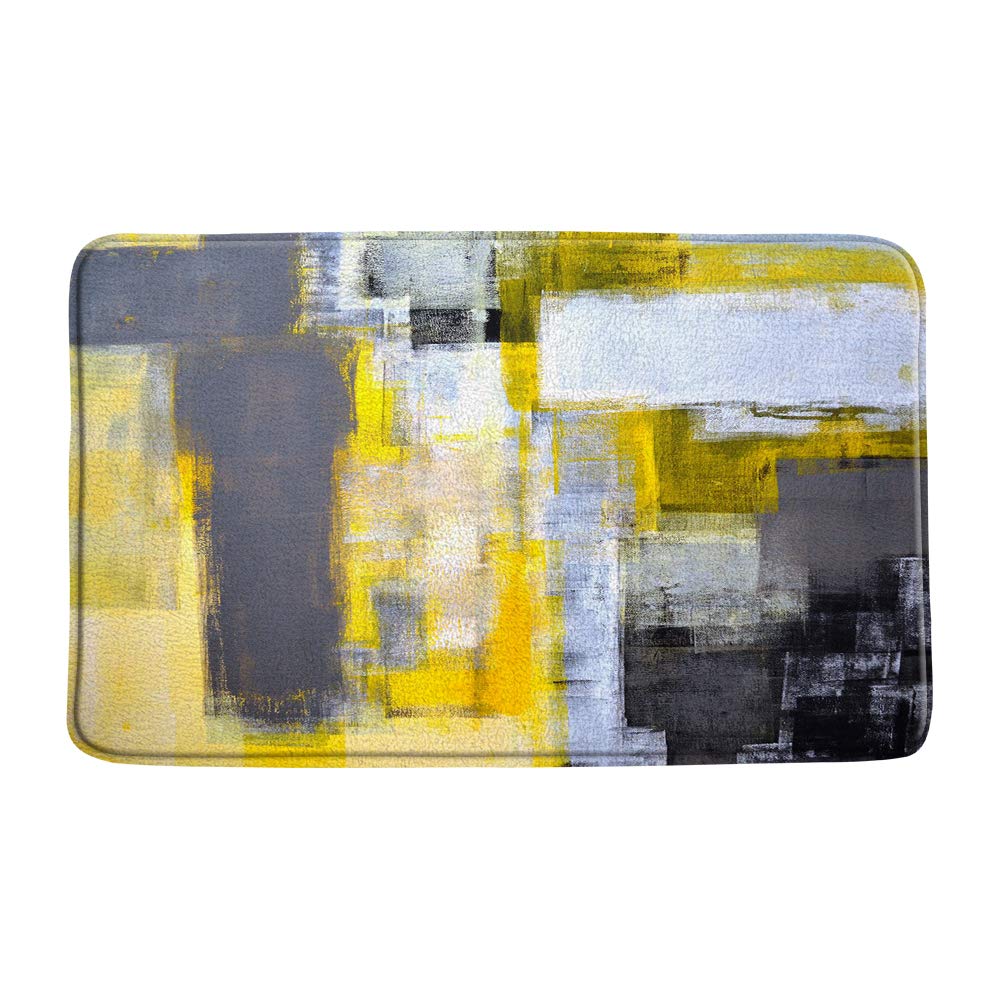 AMFD Gray and Yellow Bath Mat Abstract Art Grunge Style Brushstrokes Oil Painting Ombre Design Modern Home Bathroom Shower Mat Kitchen Rug Microfiber Memory Foam 20x31 Inches
