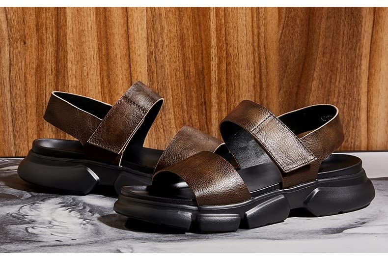 Outdoor Leather Sandals Men's Platform Sandals Slippers Khaki Beach Shoes3
