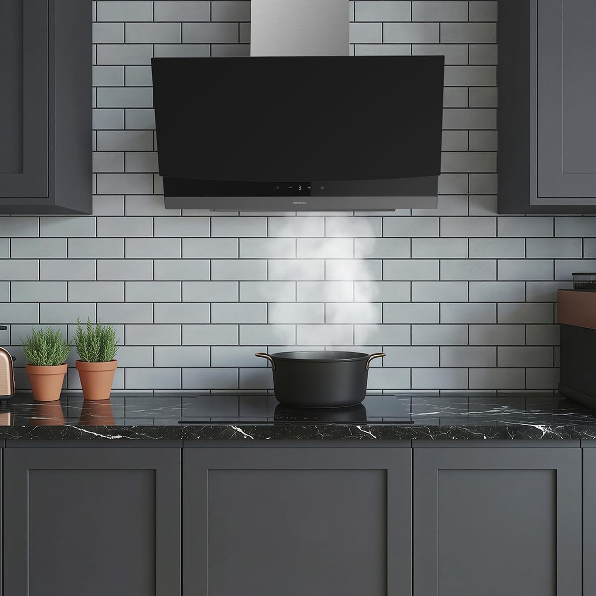 Cecotec Campana Extractora 60cm Decorativa Bolero Flux DT 604400 Matt Black A+++. Succión 416,5m³/h, 3 Velocidades, Bajo Consumo, Motor DC, Control de Movimiento y Táctil, Cristal Mate, Cuerpo Inox