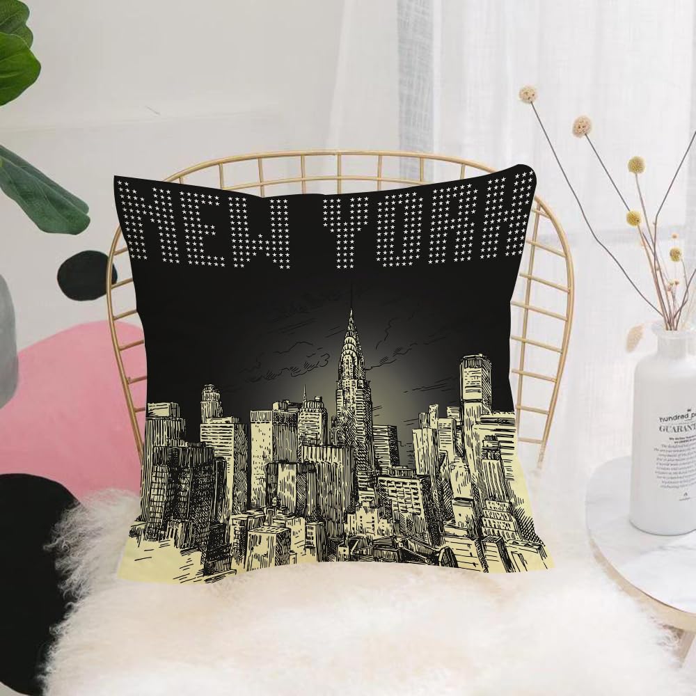 HYOSXW Cushion Cover,Throw Pillow Case Home Decorative for Living Room Bedroom Sofa Chair 16X16 Inch,New York Cityscape Sketch, the city's black and yellow skyline, drawing city bu,Pillowcase 40X40cm