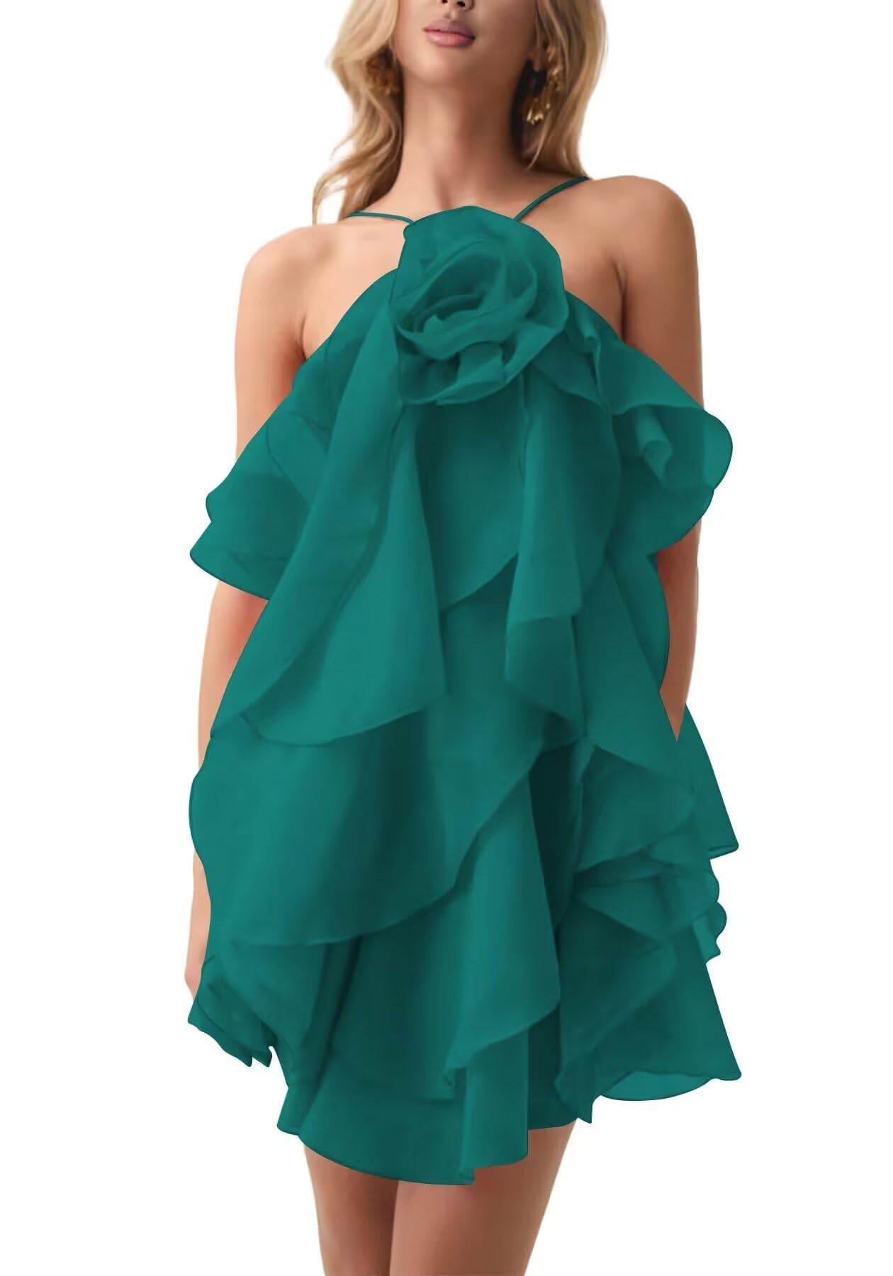 3D Flower Ruffles Homecoming Dresses Halter Short Prom Dress Tiered Cocktail Party Gown