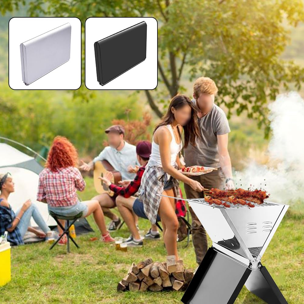Barbacoa plegable, portátil y plegable, parrilla de acero inoxidable extraíble, ahorra espacio, barbacoa de carbón vegetal para barbacoa, horno para camping, picnic al aire libre (plata)