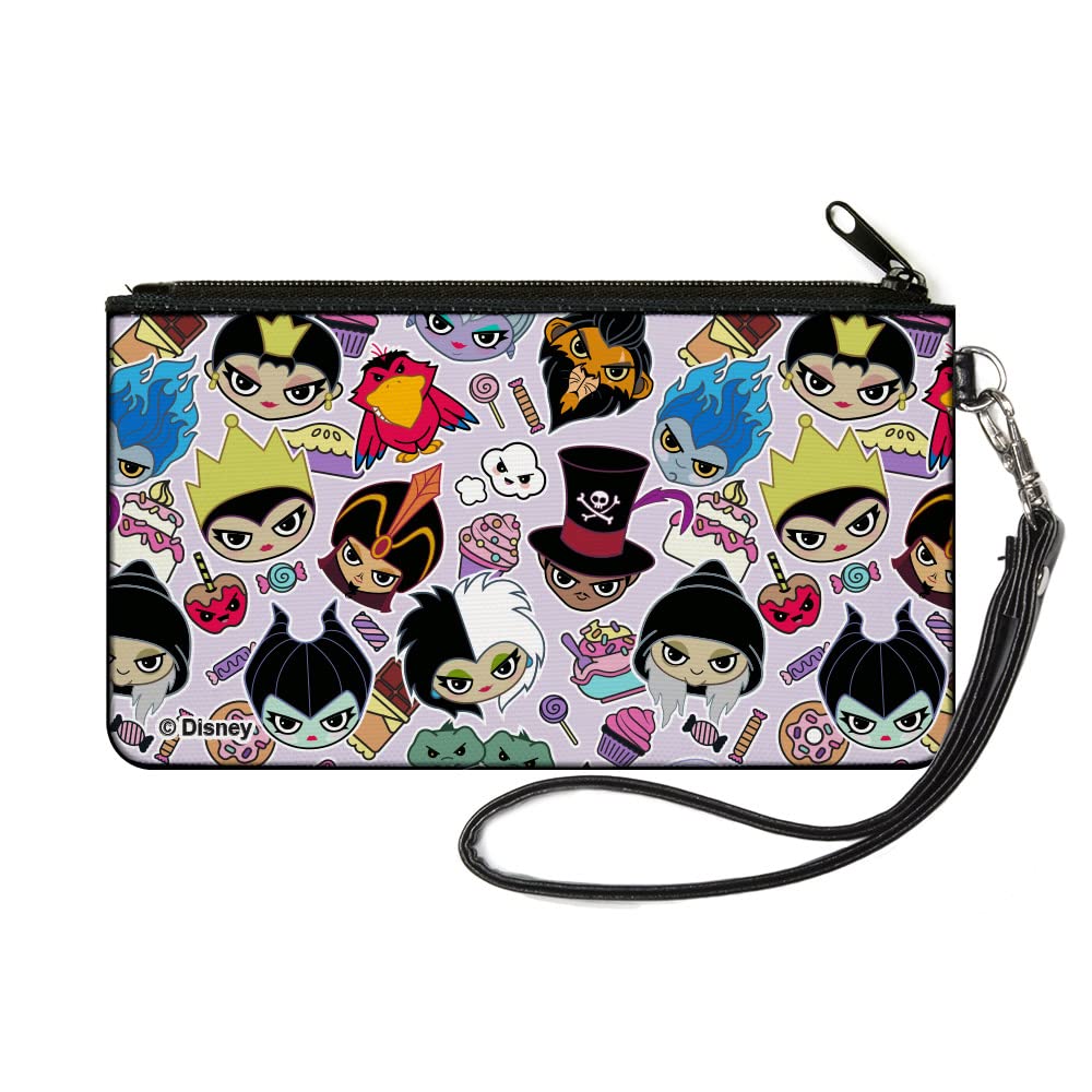 Buckle-Down Disney Wallet, Zip Pouch, Disney Sweet Chibi Villain Faces and Icons Collage Lavender, Canvas