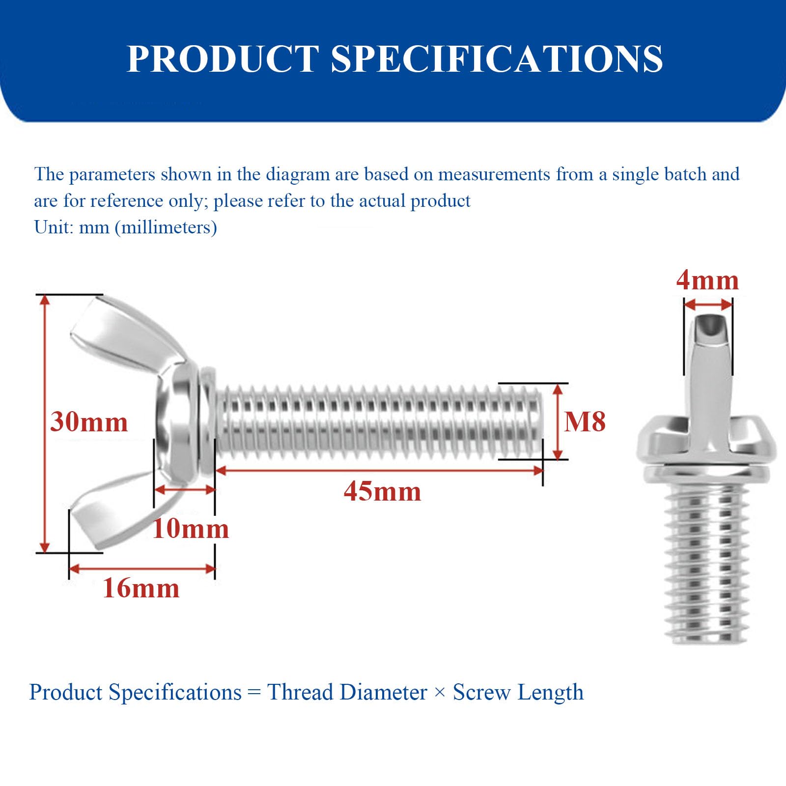 Vite ad ala, Vite ad alette M8×30Mm-M8×50Mm da 10 pezzi, chiusura a macchina in acciaio inossidabile adatta for apparecchiature elettroniche e uso industriale(M8x45mm)