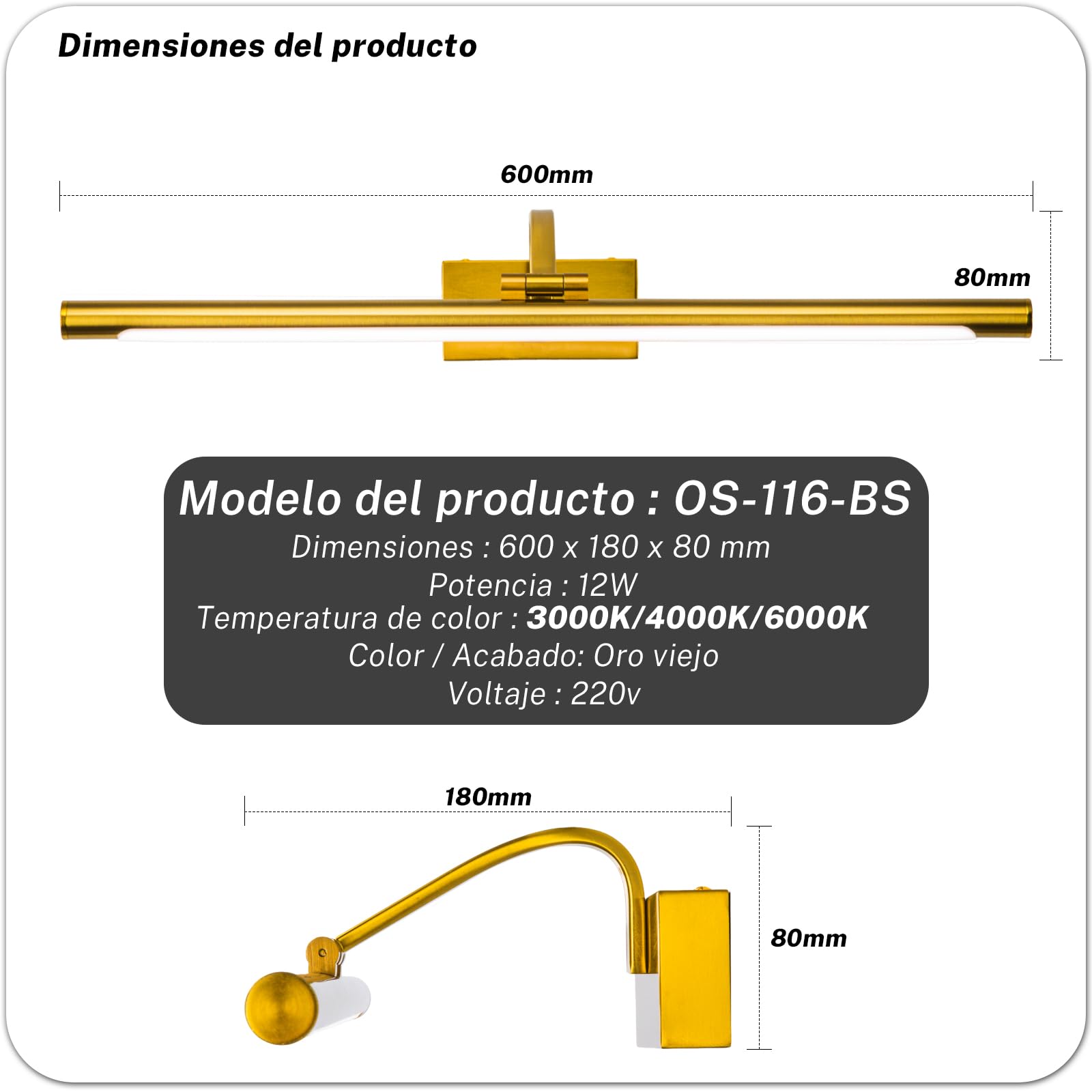 Lampara LED de Espejo Baño, 3 Temperaturas de Color 12W Luz Espejo Baño Moderno, IP44 Espelho Resistente al Agua para baño 630LM, 60CM