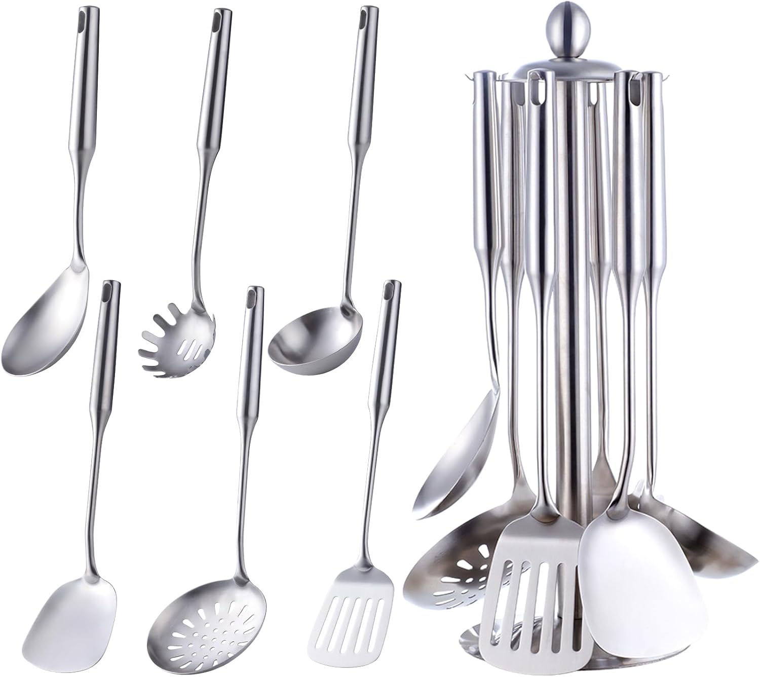 Stainless Steel Cooking Set 6 Pieces with 1 Stand Cooking Cutlery Set 1 Wok Spatula 1 Slotted Tuner 1 Slotted Spoon 1 Rice Spoon 1 Soup Spoon 1 Pasta Server Silver