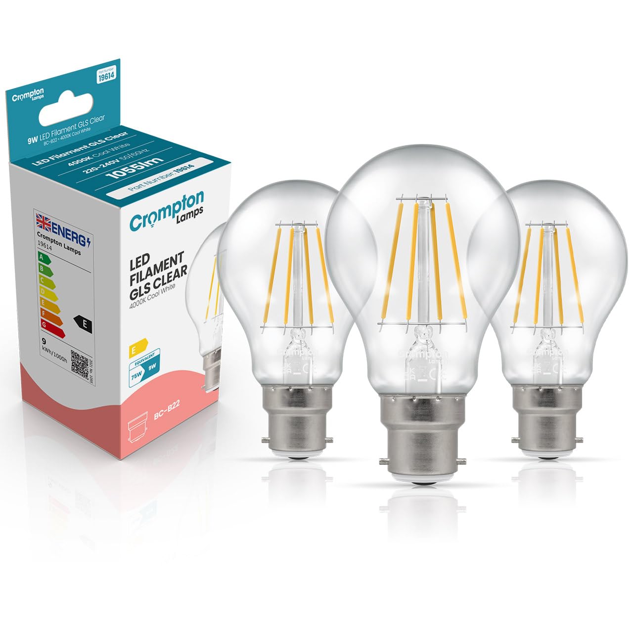 Crompton Lamps Filament GLS LED Light Bulb BC-B22d | 9W = 75W Equivalent | Cool White 4000K | Energy Efficient | Bayonet Lightbulb | Long Life 15,000-Hrs | Clear Glass | Dimmable | 3-Pack