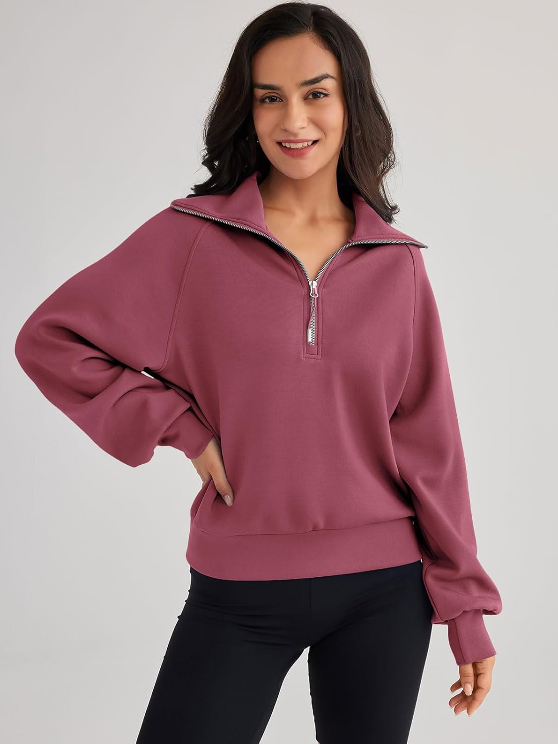 Trendy Queen Women's Oversized Quarter Zip Sweatshirts - Cropped Drop Shoulder Hoodie, Soft Y2K Pullover for Fall and Winter - Image 2