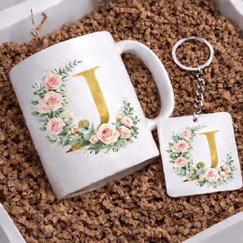 Choicecases Floral Alphabet J Coffee Mug with Matching Keychain Personalized Initial Mug Gift for Women Men Girls,Boys Girlfriend Boyfriend Friends Ceramic Tea & Coffee Mug (350 ml) Art-M1